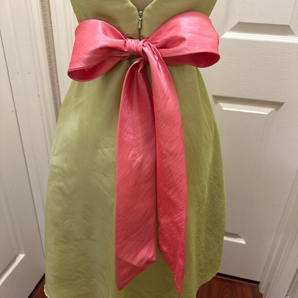 WTOO by Watters Cocktail Dress Size 4 Green A line Silhouette  With Pink Tie Bow - Picture 10 of 12